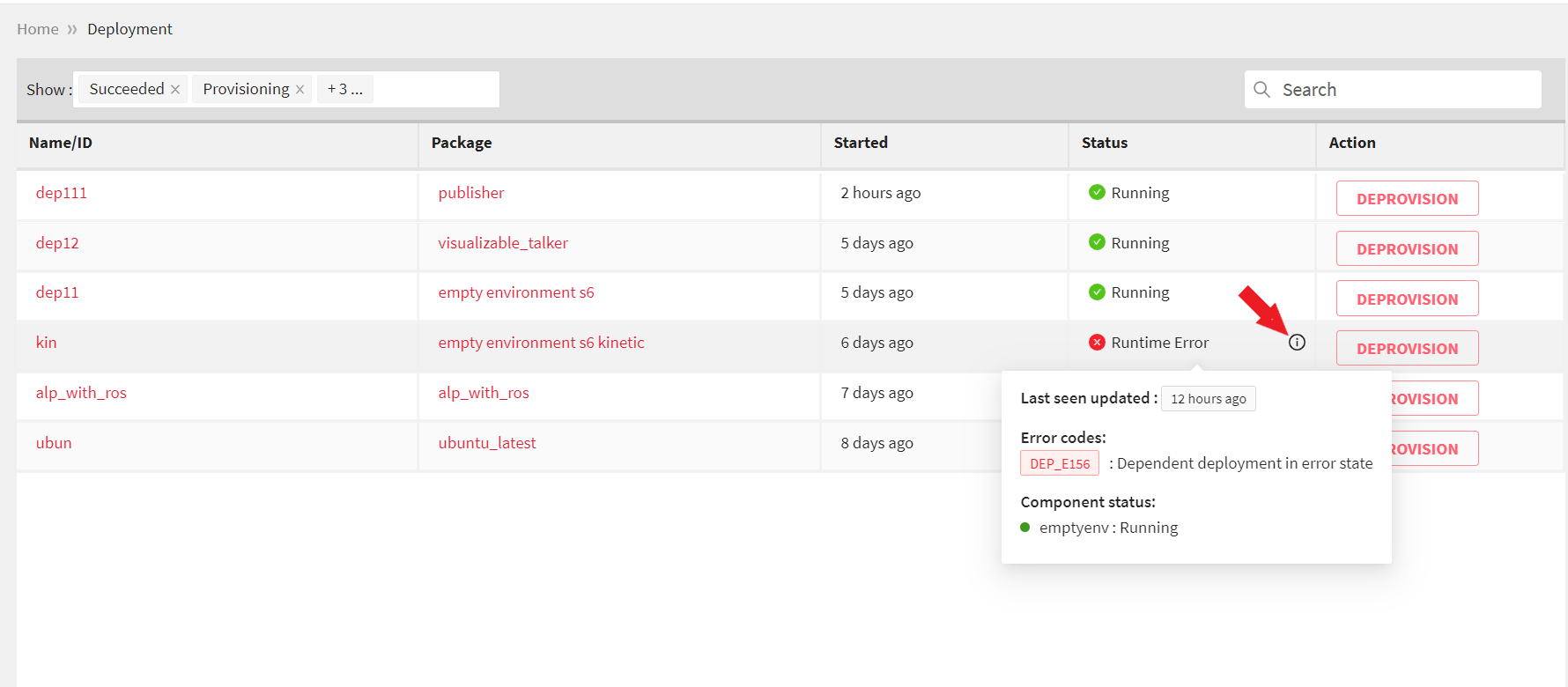 Deployment list view