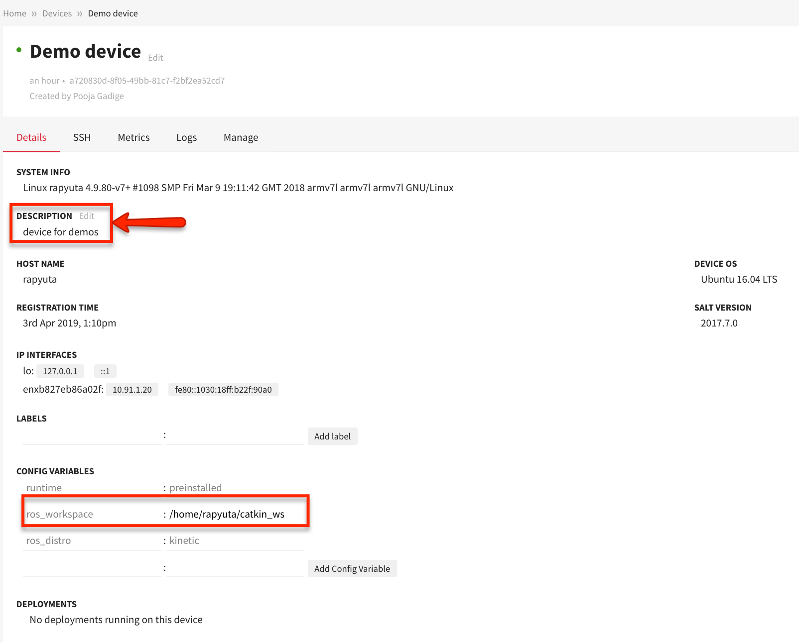 Device's Details tab